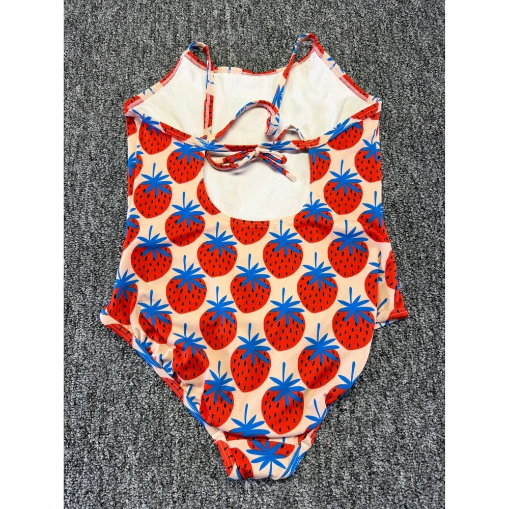 Hanna Anderson Swimsuit Girls Pink Strawberry Print One Piece Stretch Swimwear